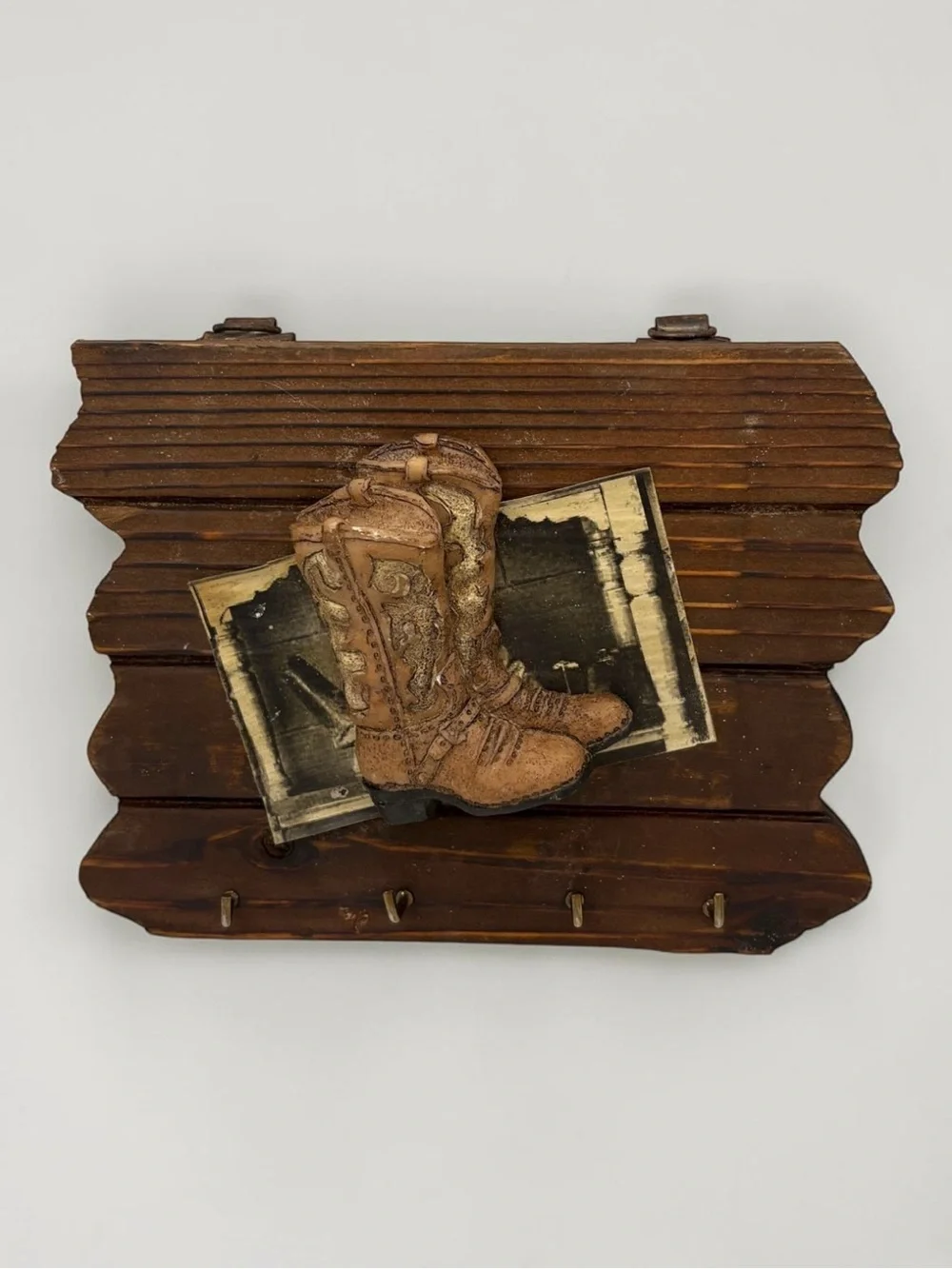 Vintage 1990s Rustic Wood Western Cowboy Boot Theme Key Rack w/ 4 hooks 6” Wide